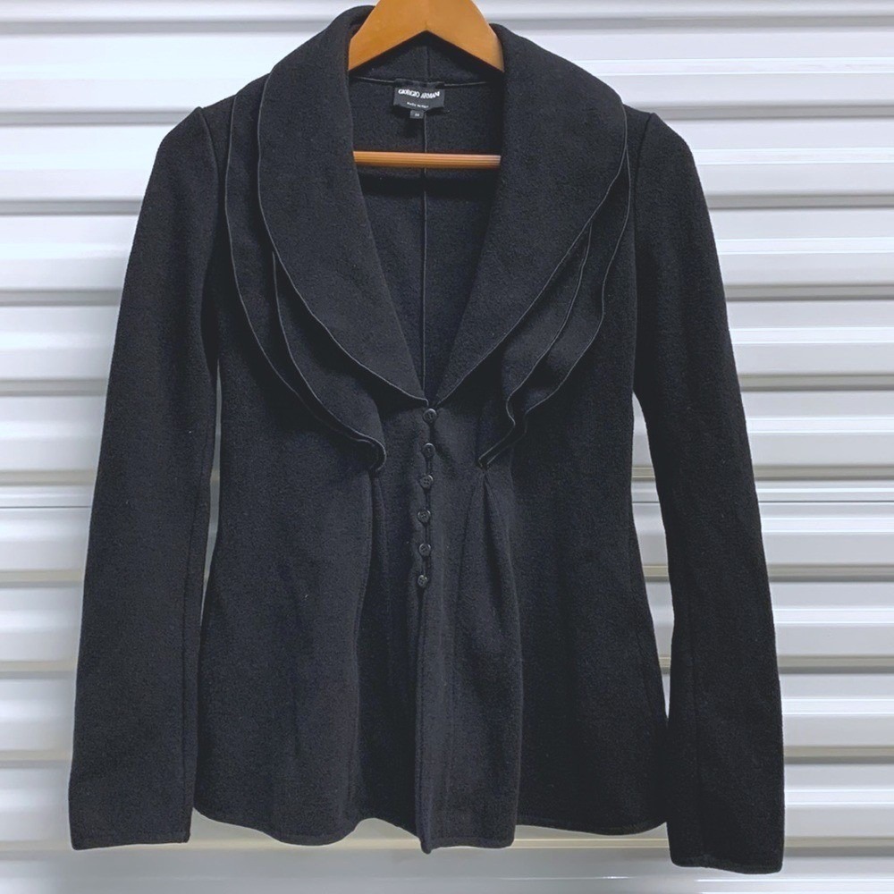 Giorgio Armani Borgo 21 Layered Shawl Collar Jacket Womens 2 Black Luxury Wool - Picture 2 of 12
